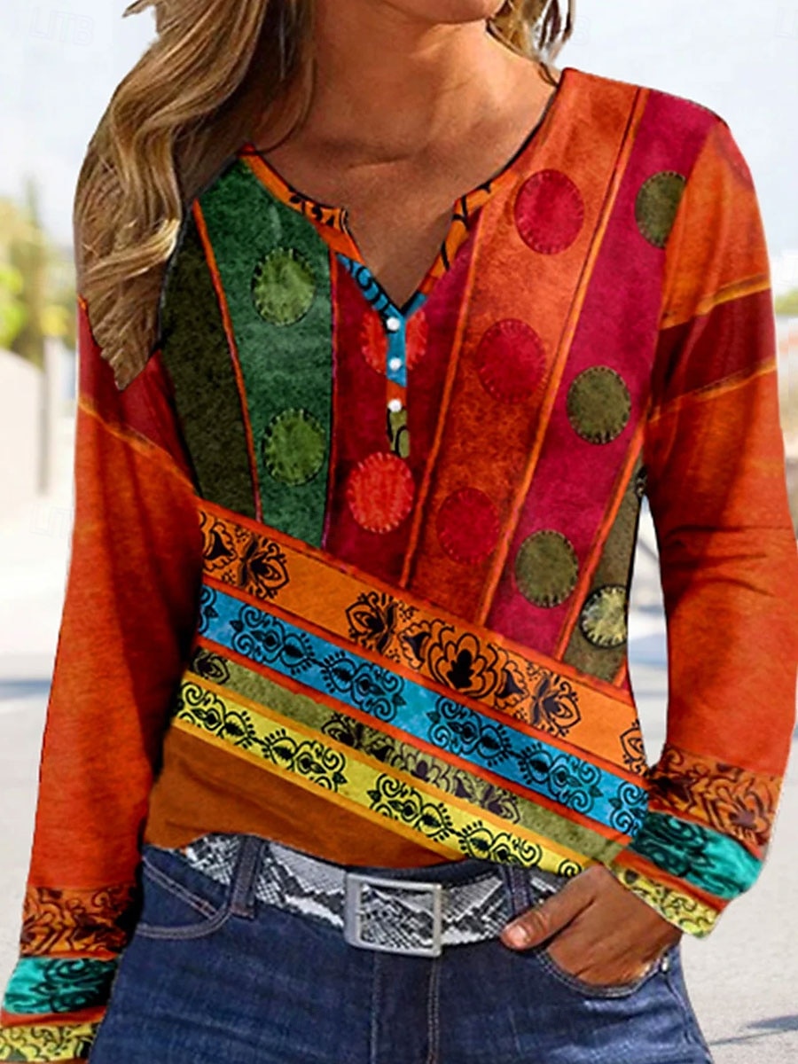 Femme T shirt Abstrait Décontractées manche longue Col cranté Hauts réguliers du quotidien Imprimer Rouge Printemps Automne de 2025 ? $27.99 –P1