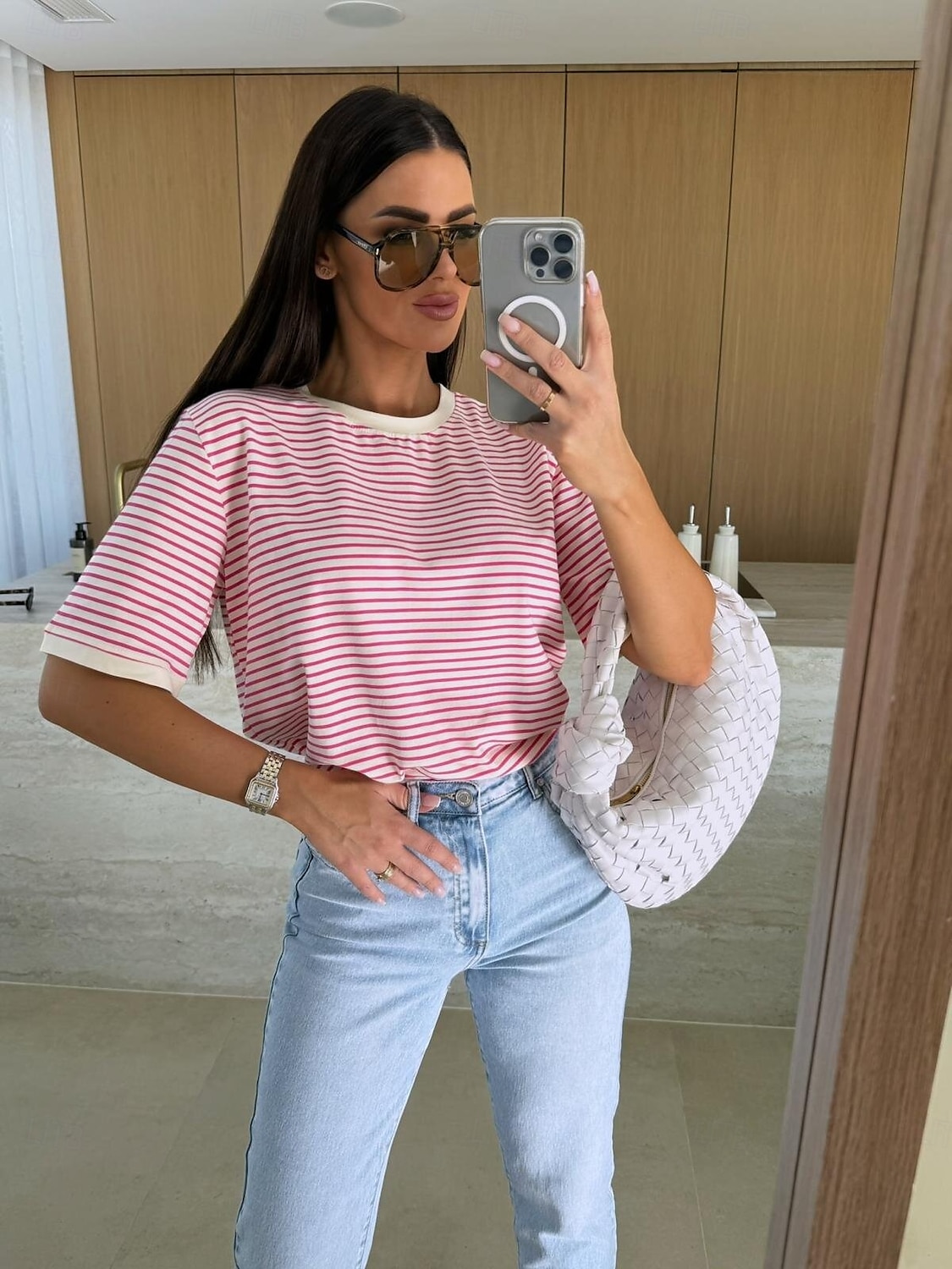 Bluse Dame Hvit Rosa Rød Stribe Printer Daglig Elegant Rund Normal S 2025 - $15.99 –P5