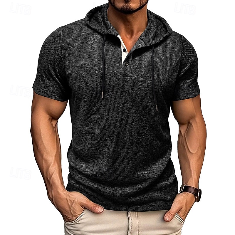 Herren T Shirt T-Shirt Kurzarmshirt Kurzarm Mit Kapuze Sommer Einfach Mode Designer Basic Knöpfe Urlaub Straße Ausgehen Wein Top T-Shirt für Herren 2026 - $30.99 –P10