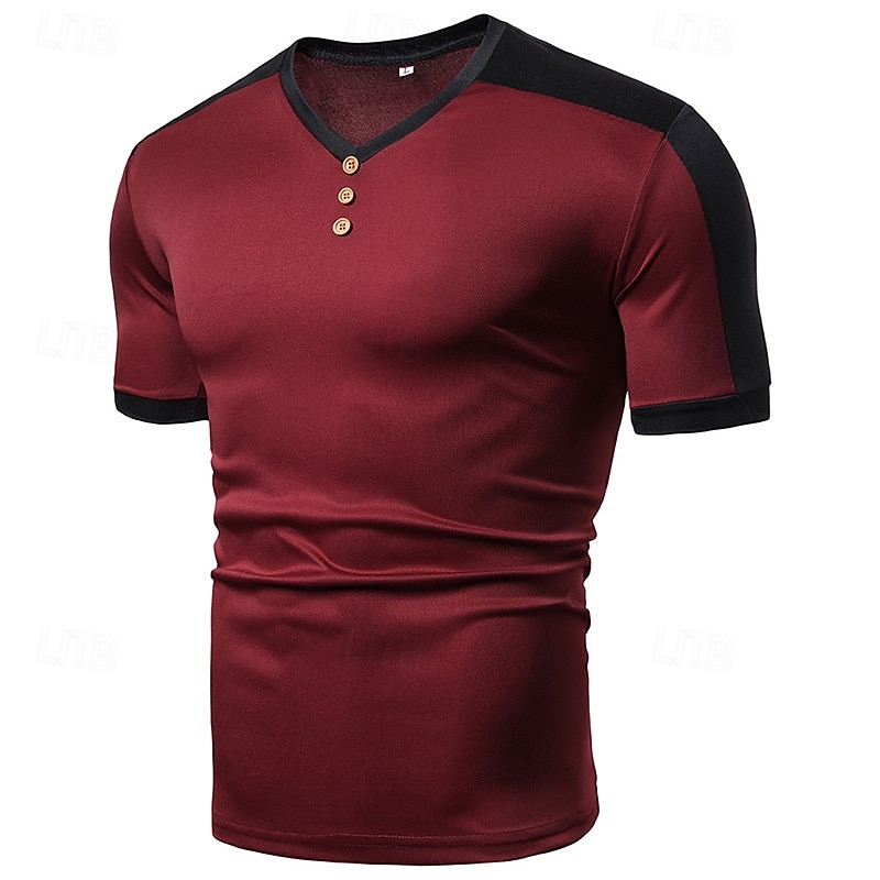 Herren T-Shirt mit Knöpfen T Shirt T-Shirt Kurzarmshirt Kurzarm V Ausschnitt Sommer Frühling Farbblock Mode Designer Basic Knöpfe Urlaub Straße Ausgehen Schwarz Weiß Wein Top T-Shirt für Herren 2025 - $10.99 –P7