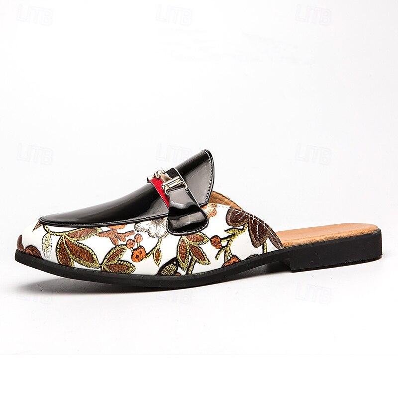 Men's Slip-On Mules with Glossy Black Patent Leather and Floral Print Design, Adjustable Strap, Perfect for Casual and Fashionable Occasions 2025 - $42.99 –P3