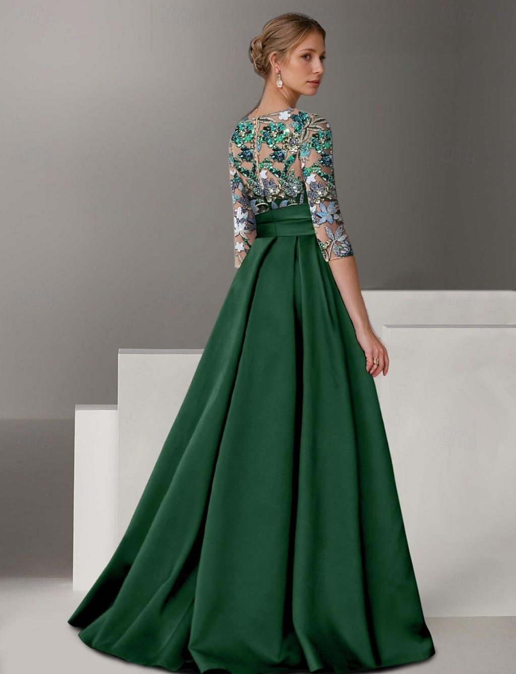 Ligne A Robe de Soirée Élégant Robe Formel Mariage Longueur au sol Demi Manches Col de chemise Satin avec Noeud(s) Fente Broderie 2025 de 2025 ? $154.99 –P2