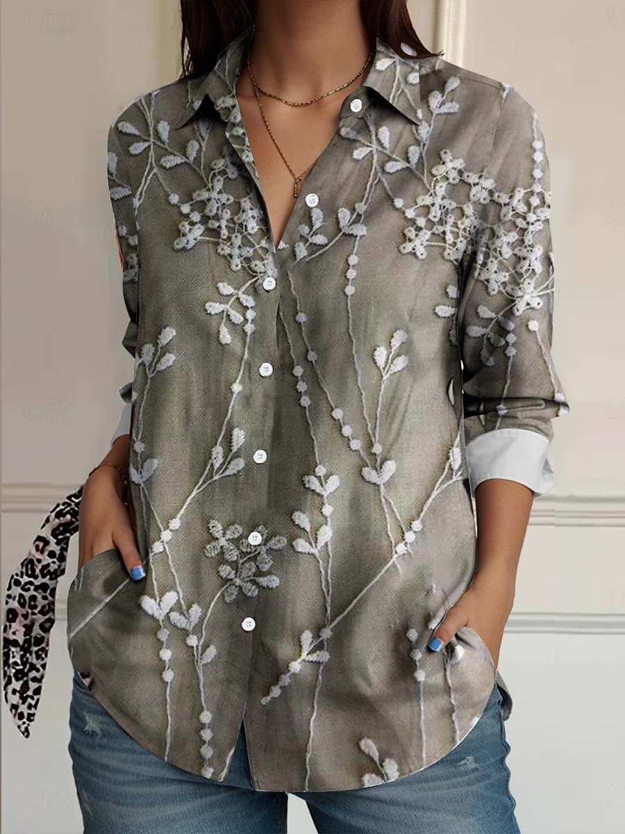 Damenhemd Floral Elegant Vintage Alltag Langarmhemd Kragen Regelmäßige Tops Arbeit Tägliches Leinenähnliches Druck Salbeigrün Sommer Frühling 2025 - $32.99 –P1