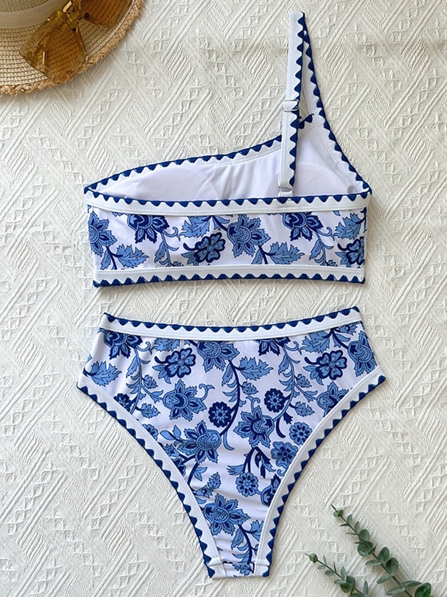 Dam Badkläder Bikini 2 st Kalsonger Baddräkt Öppen rygg Smal Semester Standkläder Blommig Asymmetrisk hals Ärmlös Baddräkter 2025 - AU $36.08 –P4