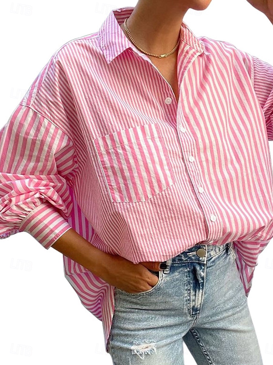 Women's Shirt Blouse Striped Elegant Daily Stylish Long Sleeve Shirt Collar Regular Tops Daily Holiday Going out Buttons Pocket Yellow Pink Green Spring Fall 2025 - $29.99 –P3