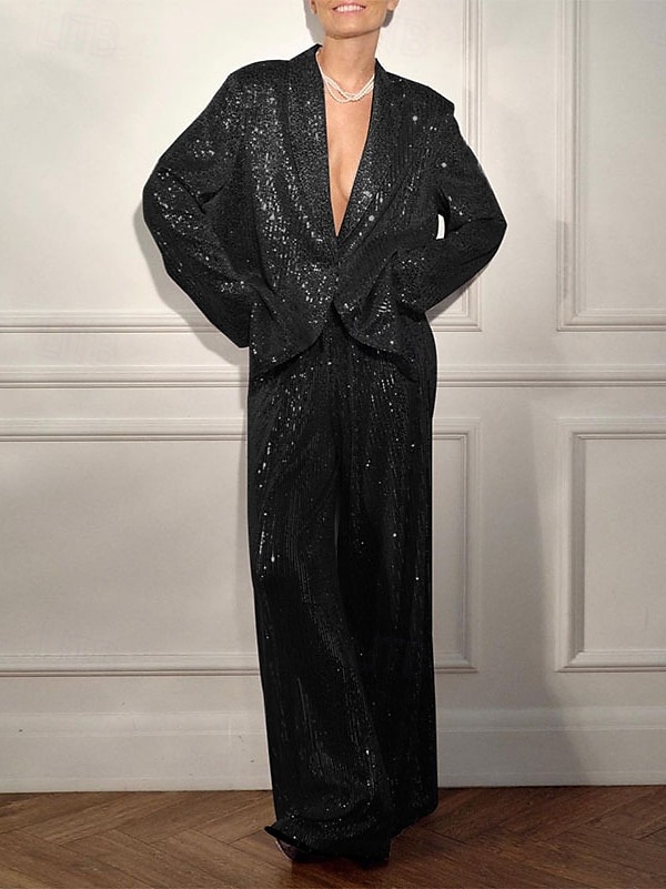 smoking todelt buksedress blazer aftenkjole elegant kjole formell bryllup gulvlengde langermet skjortekrage paljett med sløyfe(r) splitt 2025 2025 - $129.99 –P8