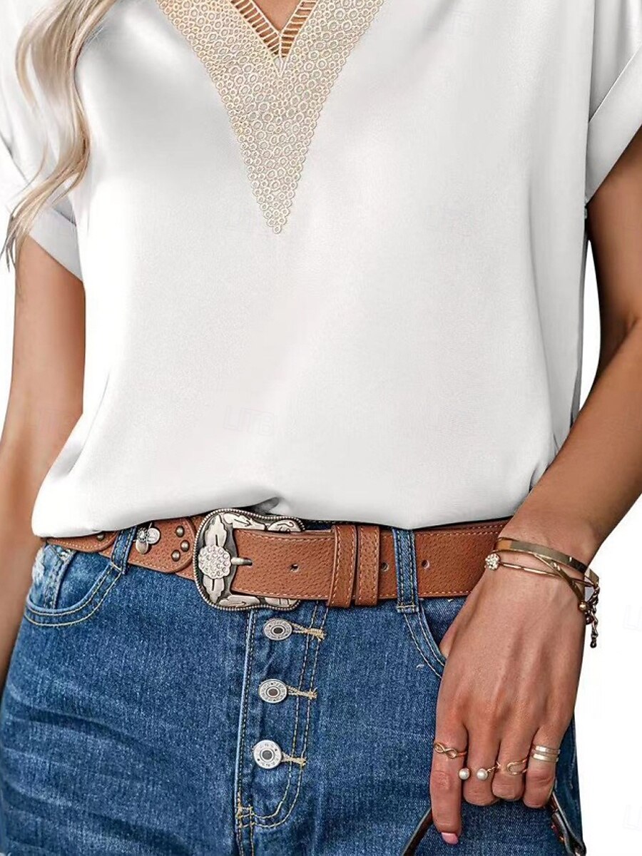 Débardeur en camisole pour femmes couleur unie élégant décontracté à manches courtes col en V tops réguliers impression quotidienne dentelle patchwork noir blanc rose vin vert été de 2025 ? $17.99 –P3