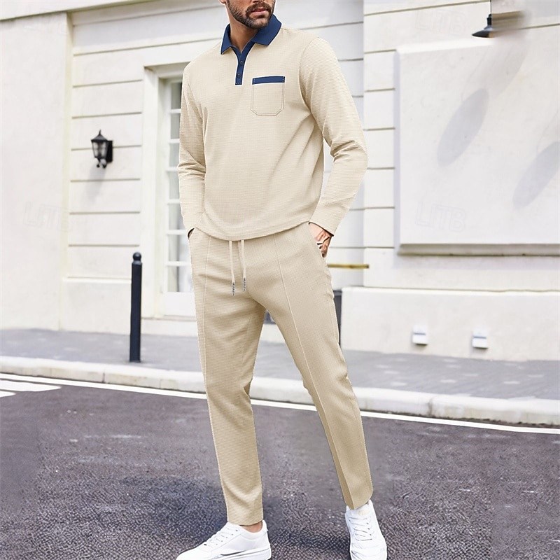 Per uomo Polo a nido d'ape Camicia da golf Golf Ufficio Informale Bavero Manica lunga Essenziale Moderno Color Block Collage Bottoni Primavera Autunno Standard Nero Blu reale Cachi Grigio Polo a nido del 2025 a $37.99 –P1