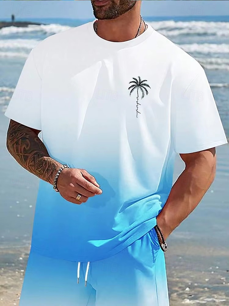 Herren T-Shirt Kurzarmshirt Kurzarm Rundhalsausschnitt Frühling & Herbst Kokospalme Buchstabendruck Mode Designer Ombre-Design Urlaub Straße Ausgehen Dunkellila Rosa und Grün Rosa Azul Top T-Shirt 2025 - $13.49 –P5