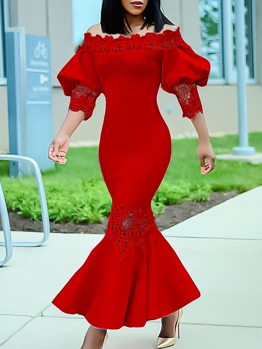 Kentucky Derby Kvinners Maxikjole Sexy Kjole Puffermansjett Kjole Elegant Formell Fest Bryllupsgjest Forlovelse Regular Fit Grafisk 3/4 Lengde Erme Off Shoulder Svart Hvit Rosa Rød 2025 - $49.99 –P5