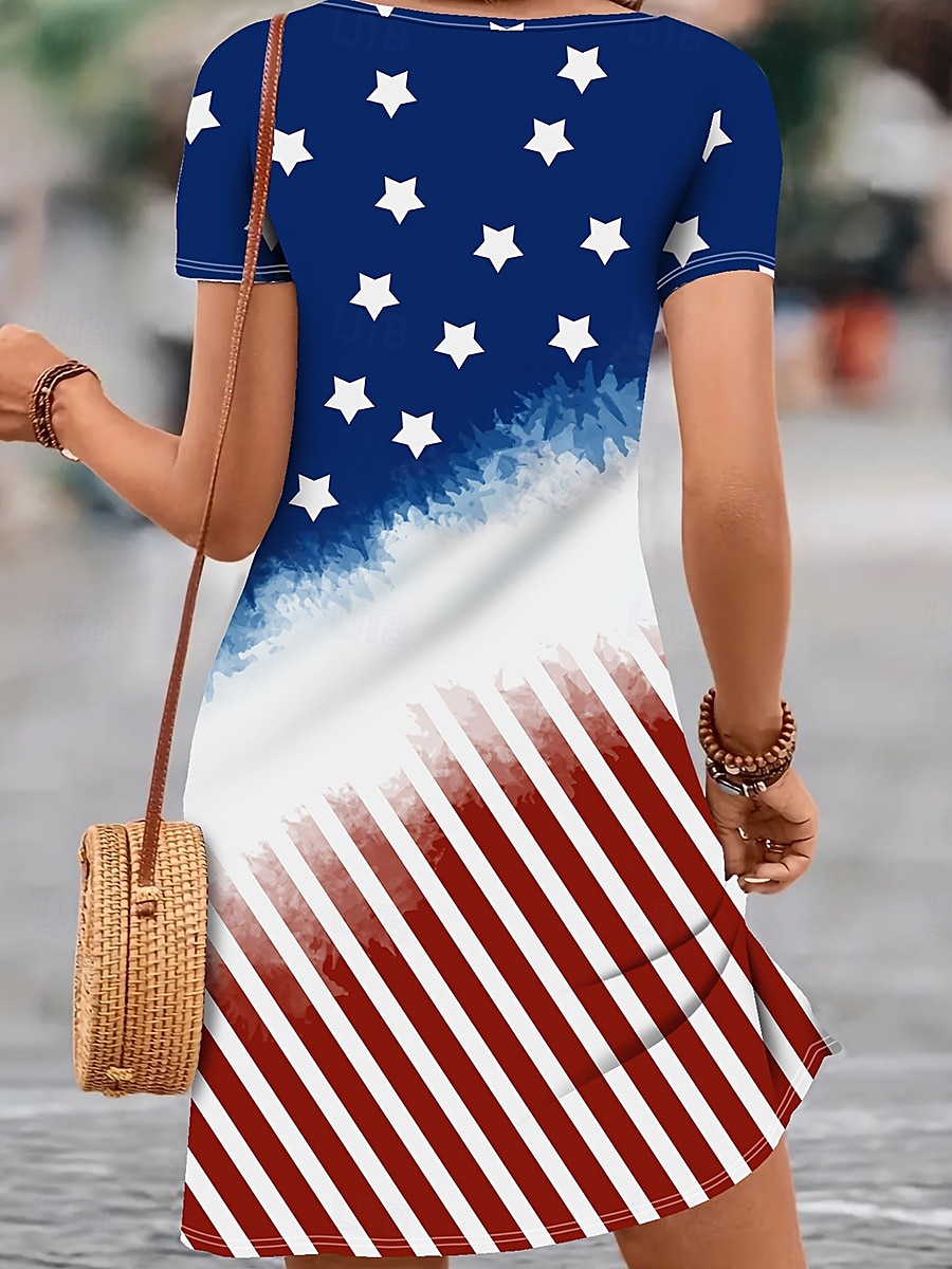 Independence Day Women's Mini Dress Casual Dress Stylish Casual Daily Regular Fit Flag Short Sleeve Crew Neck Blue Summer 2025 - $22.99 –P2