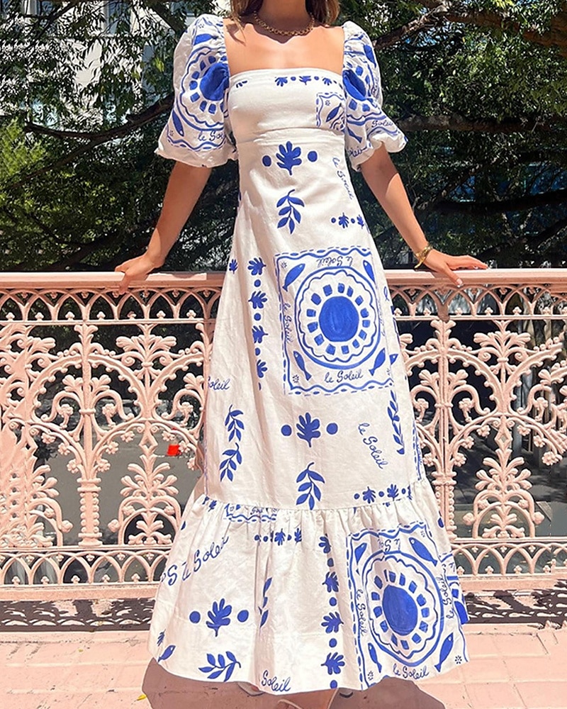 Damskie Długa sukienka sukienka maxi Codzienne sukienki Letnie sukienki Sukienka Boho Moda Latarnia rękawem Na zewnątrz Święto Randka Regularny Geometryczny Krótki rękaw Z odsłoniętymi ramionami 2025 - $28.99 –P1