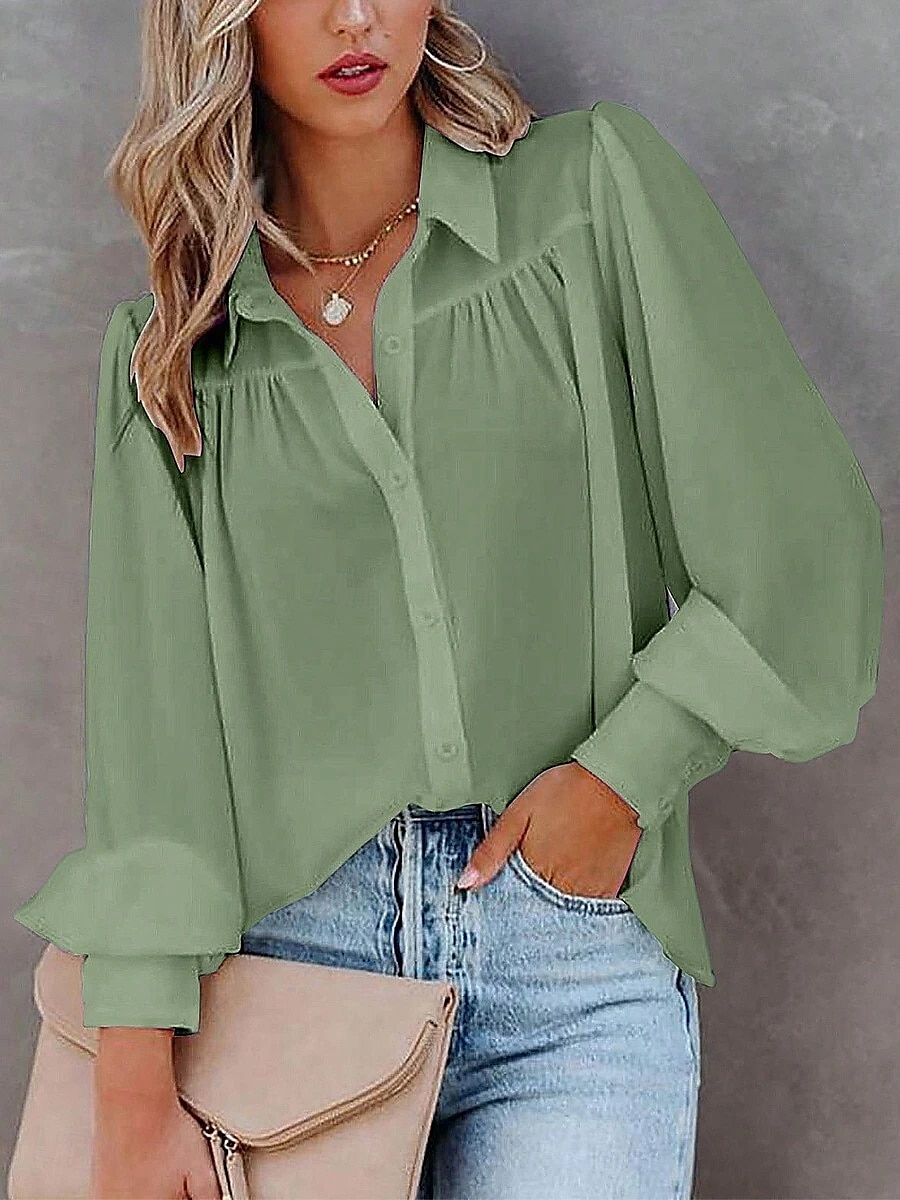 Women's Shirt Blouse Solid Color Stylish Casual Long Sleeve Shirt Collar Regular Tops Daily Buttons Black White Navy Blue Dusty Blue Purple Summer Spring 2025 - $21.99 –P10