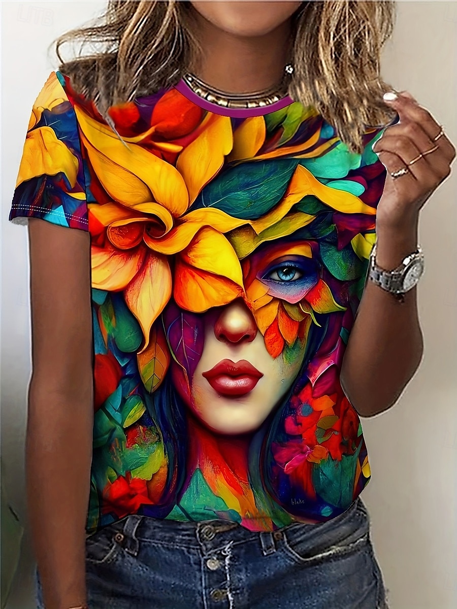 Femme T shirt Abstrait Décontractées Manche Courte Col Rond Hauts réguliers du quotidien Imprimer Vert cendré Eté de 2025 ? $19.99 –P1