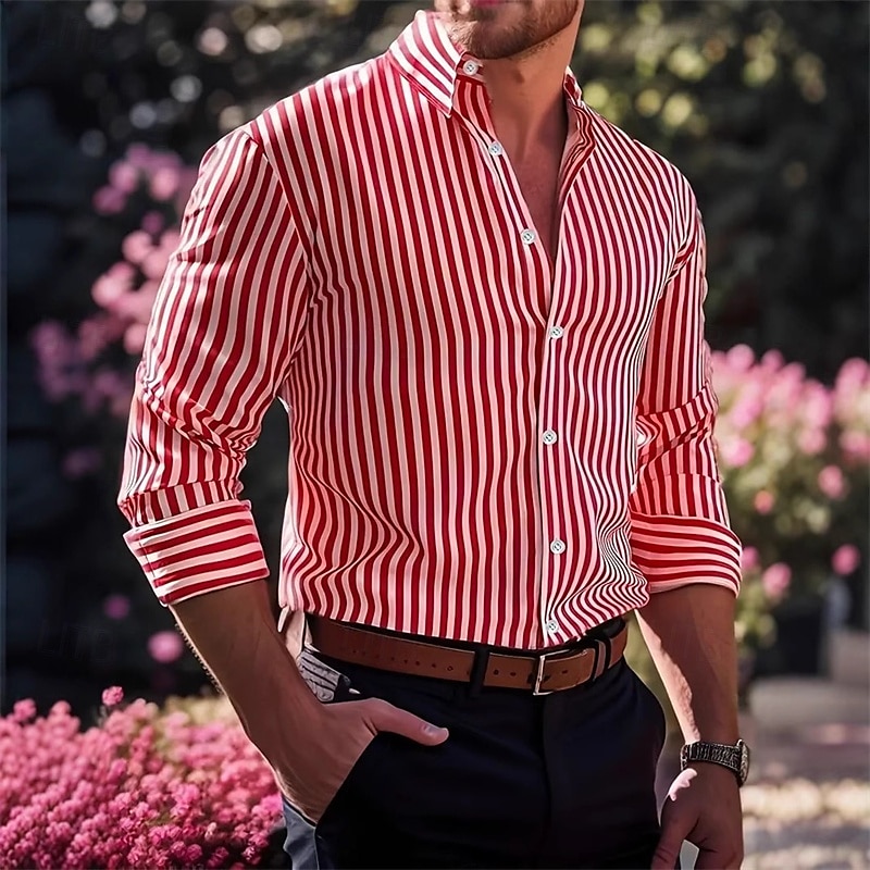 Herren Hemd Sommerhemd Freizeithemd Knopfhemd Rote Blau Grün Kaki Dunkelblau Langarm Streifen Revers Urlaub Hawaiianisch Button-Down Bekleidung Polyester Mode Lässig Bequem 2025 - $23.99 –P4