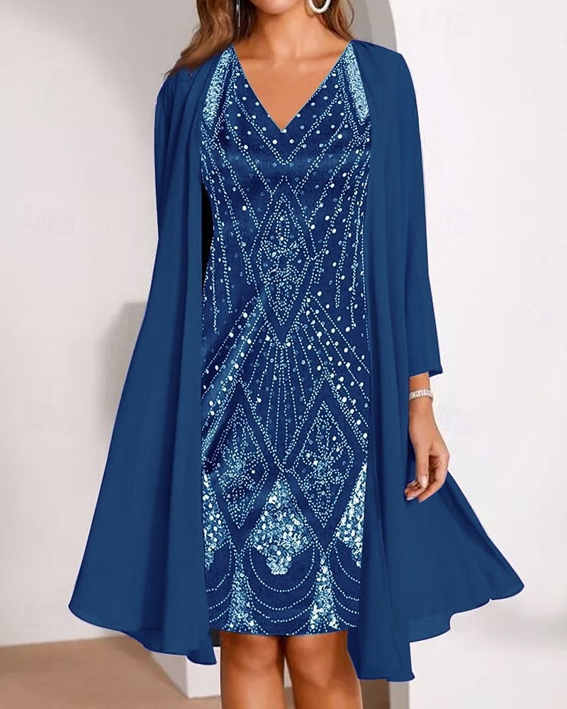 Damen Modisch Strassenmode Rock-Sets Langarm V Ausschnitt Geometrisch Bedruckt Freizeitskleidung Verabredung Blau Purpur Grün Frühling Regular Fit 2025 - $34.99 –P1