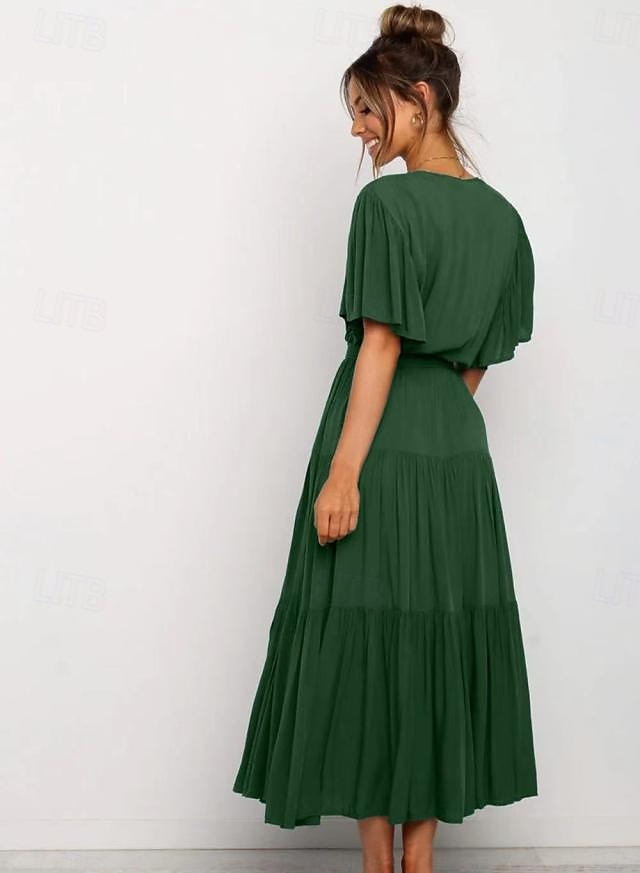 Damer Graduering Kjole Maxi Kjole Ensfarget A Linje Kjole Sommer Kjole Fest Klassisk Semi Formell Ferie Fest Arbeid Form Passform Grafisk Enkel Kort Erme V Utringning Svart Rosa Grønn Mørk Blå 2025 - $31.99 –P3