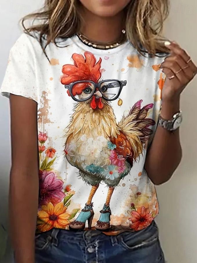 Femme T shirt Animal Coq Elégant Mode mode Manche Courte Col Rond Hauts réguliers du quotidien Sortie Fin de semaine Imprimer Blanche Eté de 2025 ? $21.99 –P1