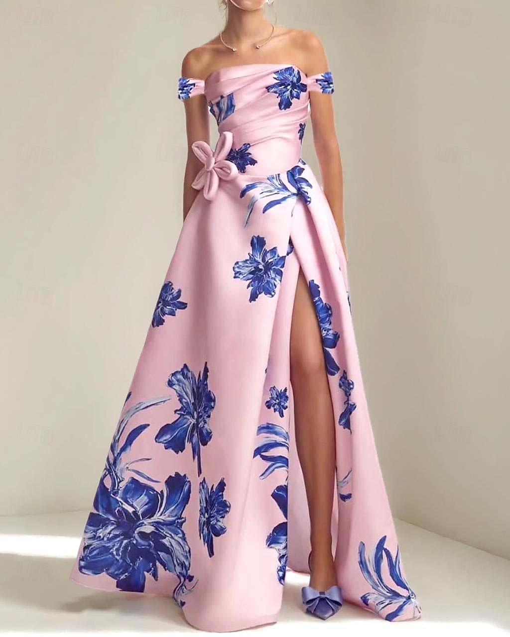 A-Lijn Avondjurk Bloemenprint Elegante Jurk Formele Avondfeest Vloerlengte Verwijderbare Eén Schouder Mouw en Bloemen met Plooien en Split Bruiloft Gast Jurk 2025 - $215.99 –P1