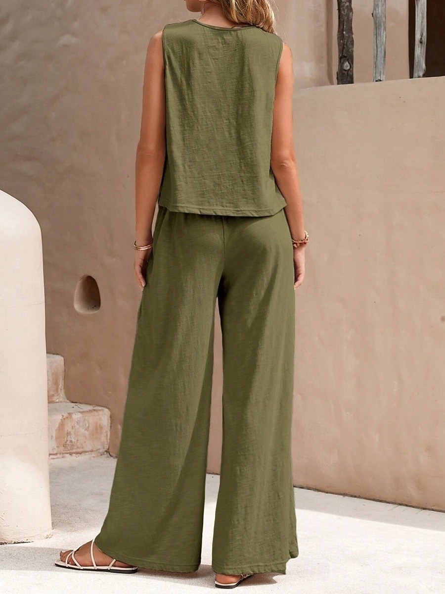 Women's Shirt Linen-feel Set Two Piece Sets Wide Leg Pants Sleeveless Crew Neck Plain Fashion Streetwear Daily Casual Daily Black Yellow Army Green Summer Regular Fit 2026 - $10.49 –P14