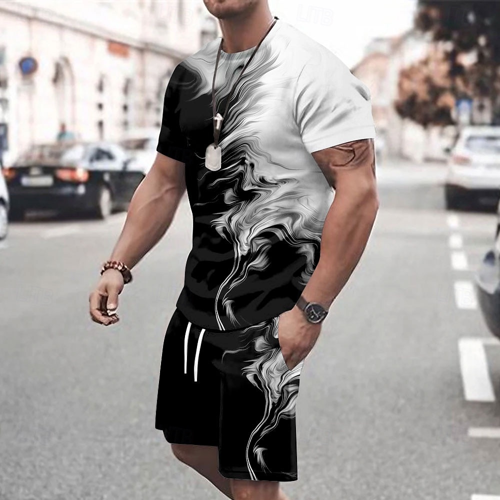 Men's splatter 2pcs Tees sets Summer Tops Short Sleeve Short Pants Crew Neck Sport Casual Outdoor Vacation Sport 3D Print Summer Robin's Egg Blue White Green 2025 - $25.99 –P1