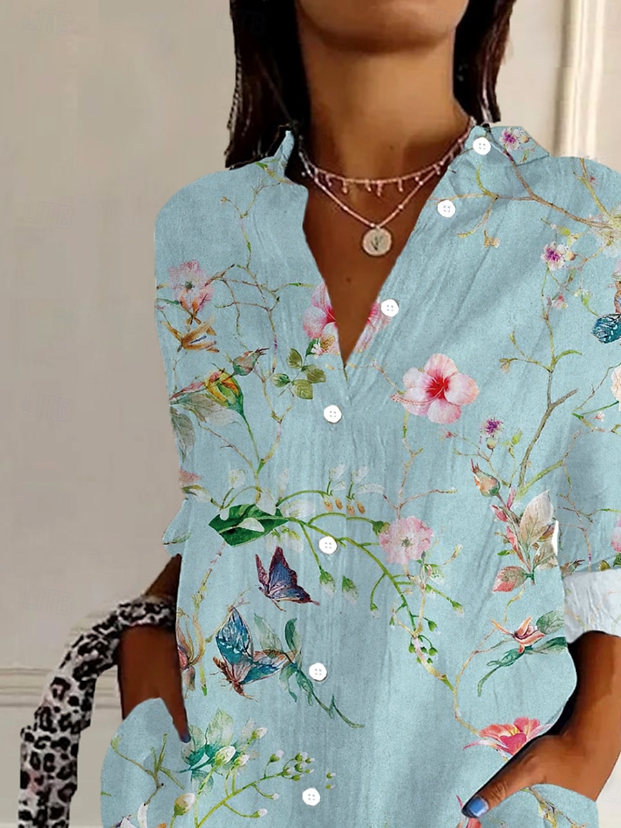Damenhemd Langarm Button-Down-Bluse Blumen Grafik Täglich Stylisch Retro Vintage 3/4-Länge Ärmel Hemd Kragen Reguläre Oberteile Täglich Urlaub Ausgehen Knopf Druck Hellblau Sommer Frühling 2025 - $32.99 –P2
