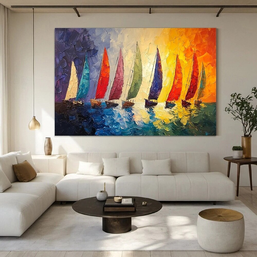 hellblaues Meereslandschafts-Segelboot-Ölgemälde, handgemalte Wandkunst, abstraktes Strand-Meereslandschaftsgemälde auf Leinwand, Wohnzimmer-Wandgemälde, riesiges extragroßes Wandkunstgemälde-Dekor 2025 - $125.99 –P7