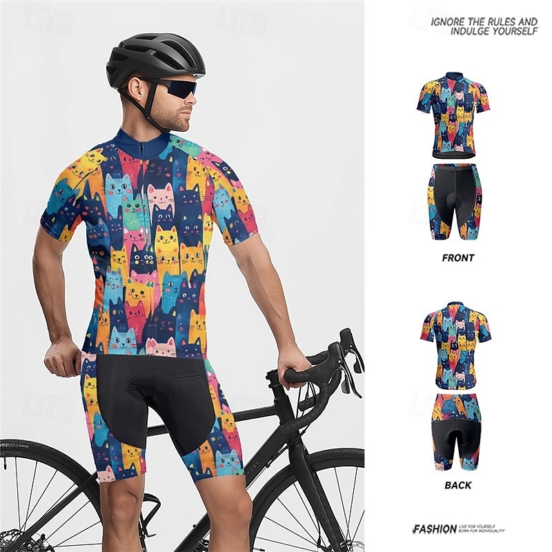 Men's Cycling Jersey with Shorts Short Sleeve Mountain Bike MTB Road Bike Cycling Summer Spring Autumn / Fall Navy Blue Royal Blue Blue Cat Bike Front Zipper Sweat wicking Comfortable Breathable 2026 - $47.99 –P16
