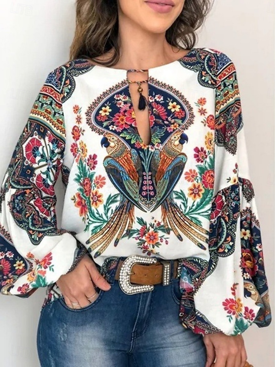 Dame Skjorte Bluse Blomstret Bohem Retro / vintage Fritid Langermet Crew-hals Vanlige topper Daglig Trykt mønster Hvit Rosa Sommer Vår 2025 - $22.99 –P1