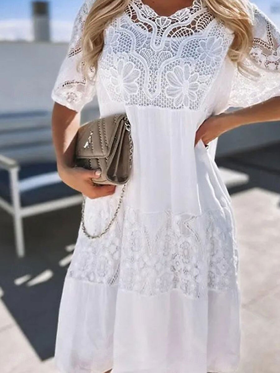 Women's Long Dress Maxi Dress Lace Dress Boho Dress Elegant Stylish Casual Vacation Daily Regular Fit Plain Short Sleeve Crew Neck Black White Blue Summer Spring 2025 - $37.99 –P2