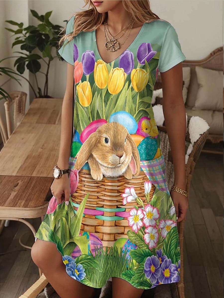 Velikonoční dámské mini šaty malé šaty neformální šaty sluneční šaty A-line letní šaty elegantní dovolená stylová dovolená každodenní klasické střih květinový grafický zvíře krátký rukáv kulatý 2025 - $22.99 –P1