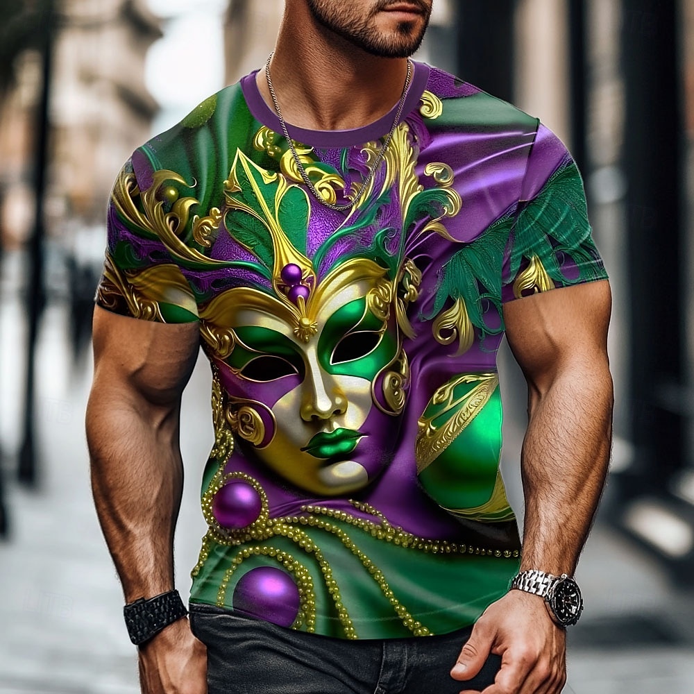 Mardi Gras Homme Masque T shirt Manche Courte T-shirt 3D effet Col Ras du Cou Chemise Design Décontractées Soirée Vacances Violet Eté Printemps Vêtement Tenue S M L XL XXL XXXL de 2025 ? $17.99 –P1