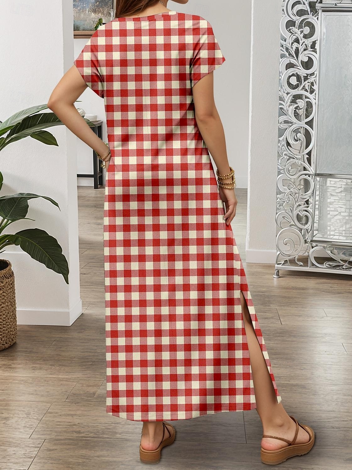 Vestido Maxi Feminino Vestido Casual Vestido de Verão Vestido em A Estilo Casual Férias Diárias Ajuste Regular Xadrez Manga Curta Decote em V Vermelho Primavera Outono de 2025 por $28.99 –P2