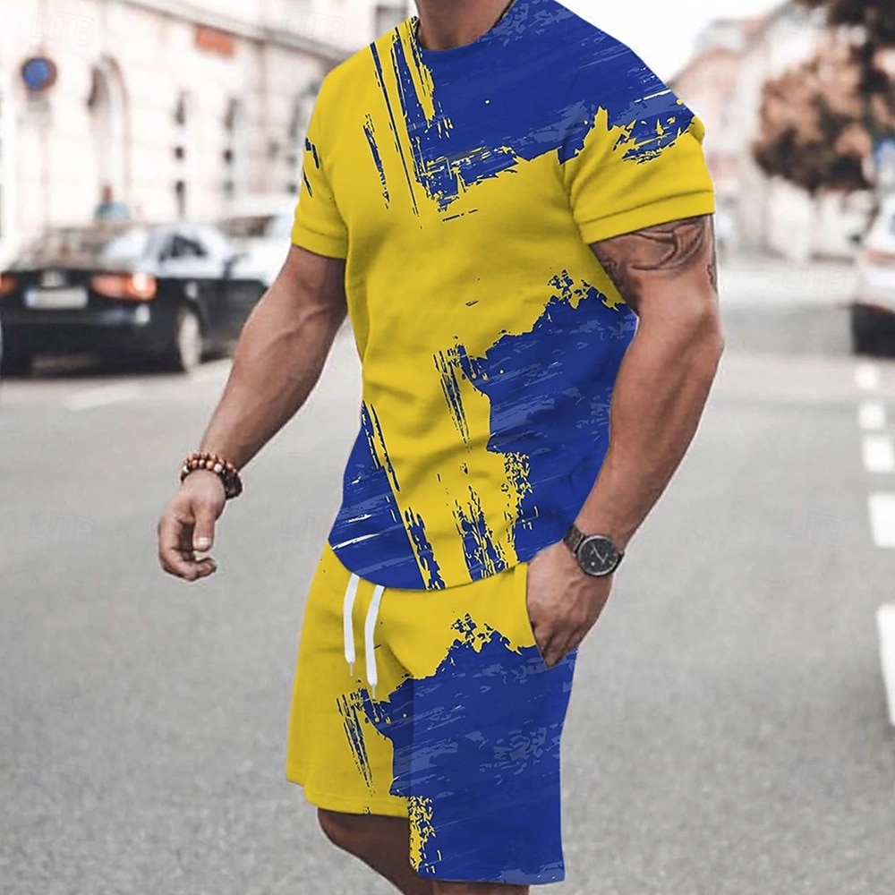 Mini Men's Color Block Pattern 2pcs Tees Sets Summer Tops Short Sleeve Short Pants Crew Neck Sport Casual Outdoor Vacation Daily Printed Summer Blue-Yellow, image size:1000x1000