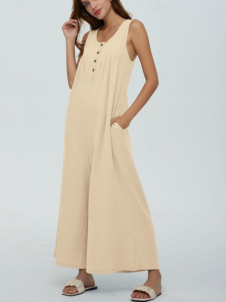 Női Szabályos Jumpsuitek Aktív Tömör szín Ujjatlan U-alakú Gombok Zseb Vakáció Napi Normál Fekete Sötétkék Medence Nyár 2025 - $32.99 -P6