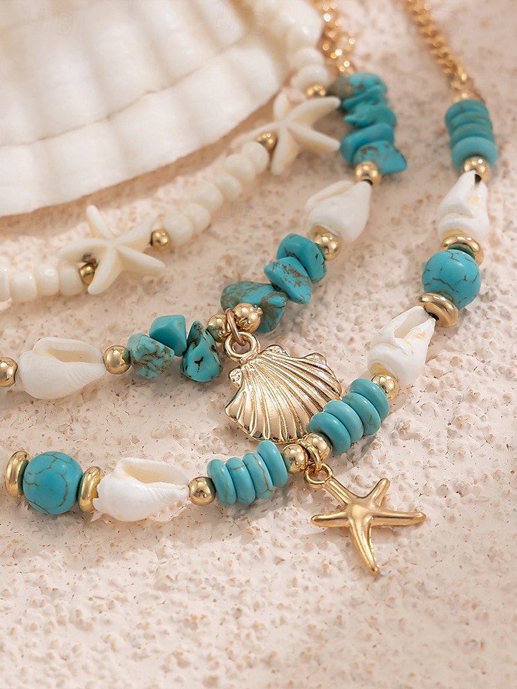 Boho Beach Anklet Set for Women – Handmade Shell & Turquoise Beaded Starfish Ankle Bracelets, Summer Foot Jewelry for Vacations & Festivals 2025 - $11.99 –P4