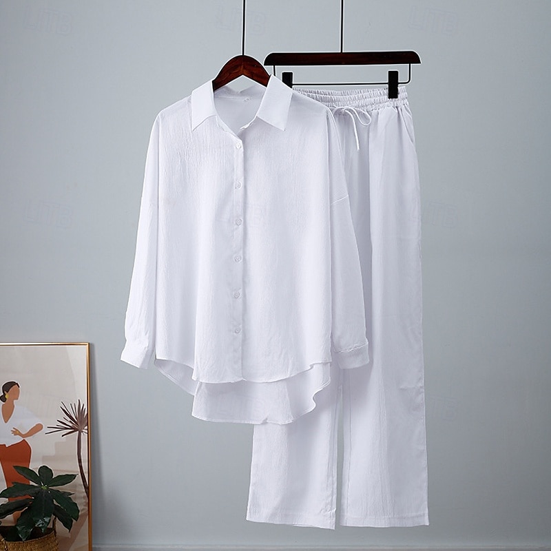 Dam Mode Streetwear Skjorta Linneinspirerade set Tvådelade set Linne Byxor Byxor Långärmad Tröjkrage Ensfärgat Snörning Dagliga kläder Datum Svart Vit Blå Sommar Normal 2025 - $27.99 –P2