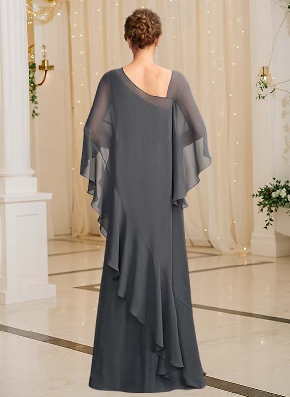 Sheath / Column Mother of the Bride Dress Elegant Vintage Simple Asymmetrical Neck Floor Length Chiffon Long Sleeve with Beading Ruffles Cascading Ruffles 2025 - $174.99 –P3