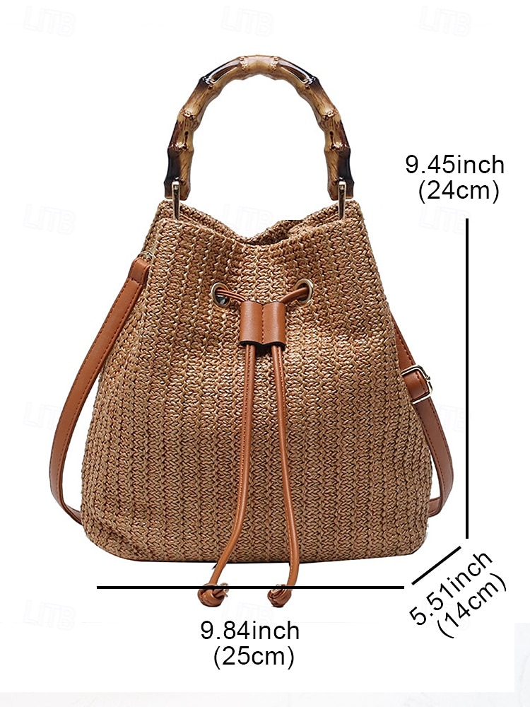 dames geweven bamboe handvat emmer tas - chique boho stro handtas met verstelbare band voor casual, reizen en stranduitjes 2025 - $29.99 –P9