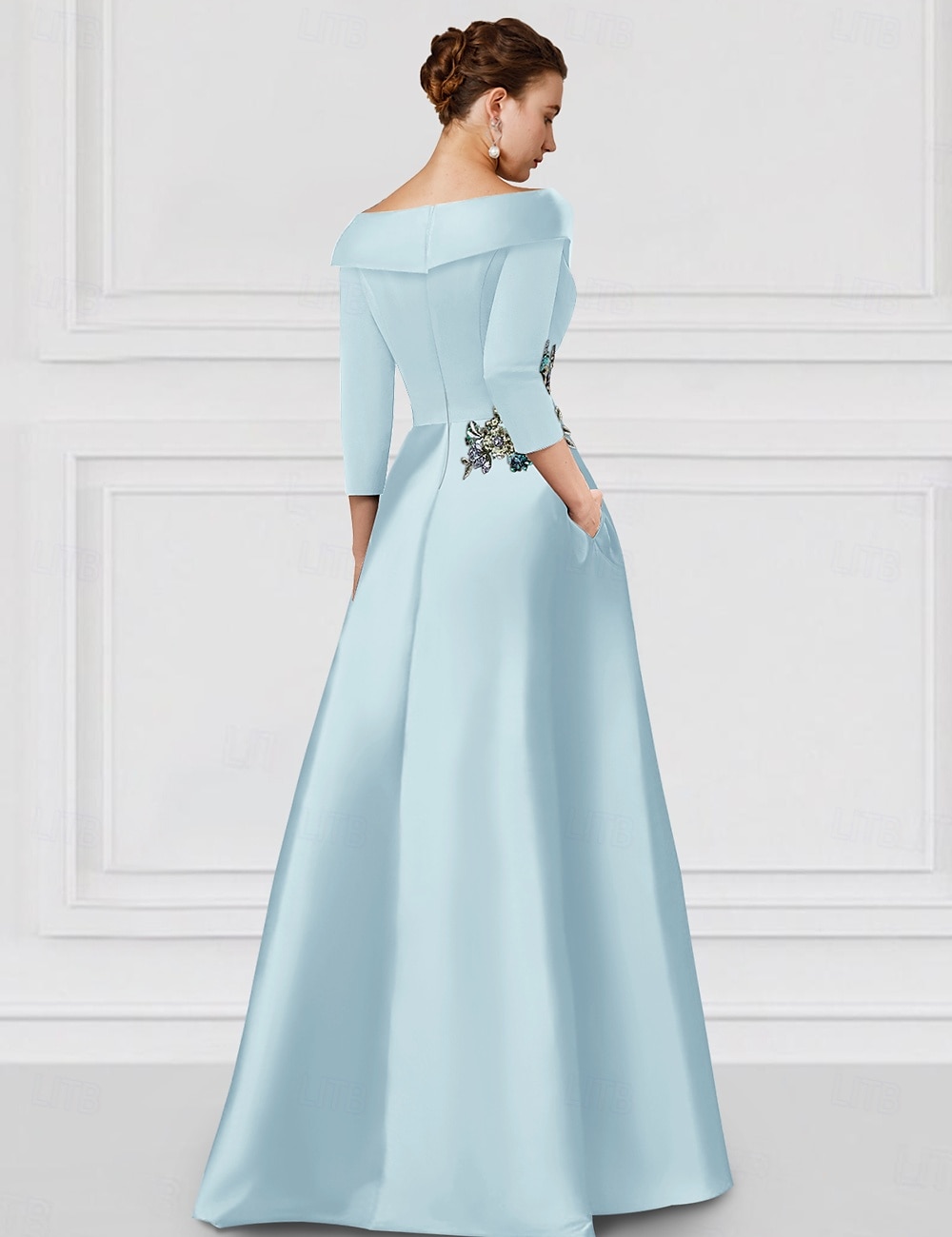 abito da sera a trapezio floreale blu ricamato elegante abito formale da sposa lungo fino al pavimento mezza manica colletto camicia raso con spacco 2025 del 2025 a $159.99 –P2