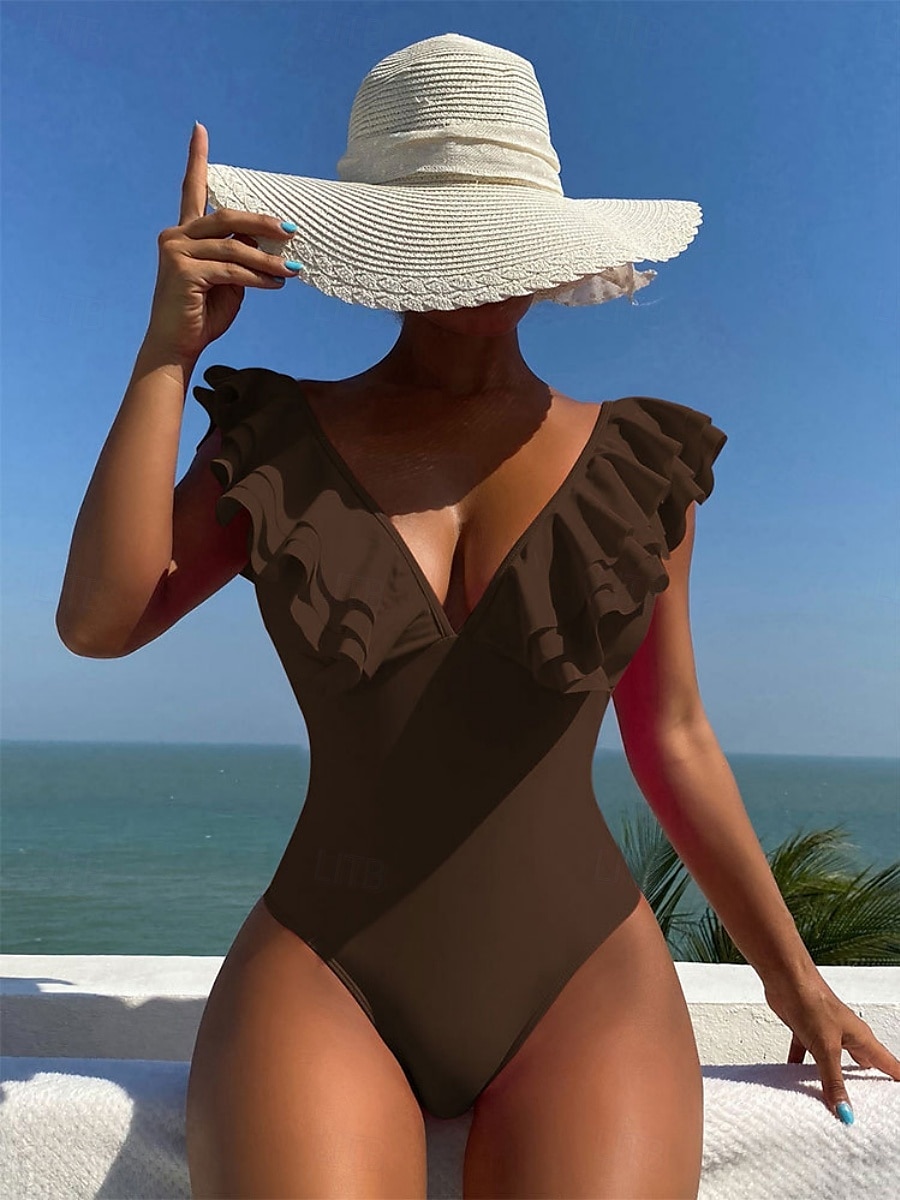Dames Zwemkleding Een stukje Monokini Zwempak Ruche Blote rug Buikcontrole Hoge taille Slank Vakantie Strand Kleding Effen Kleur V-hals Mouwloos Badpakken 2025 - $26.99 –P14