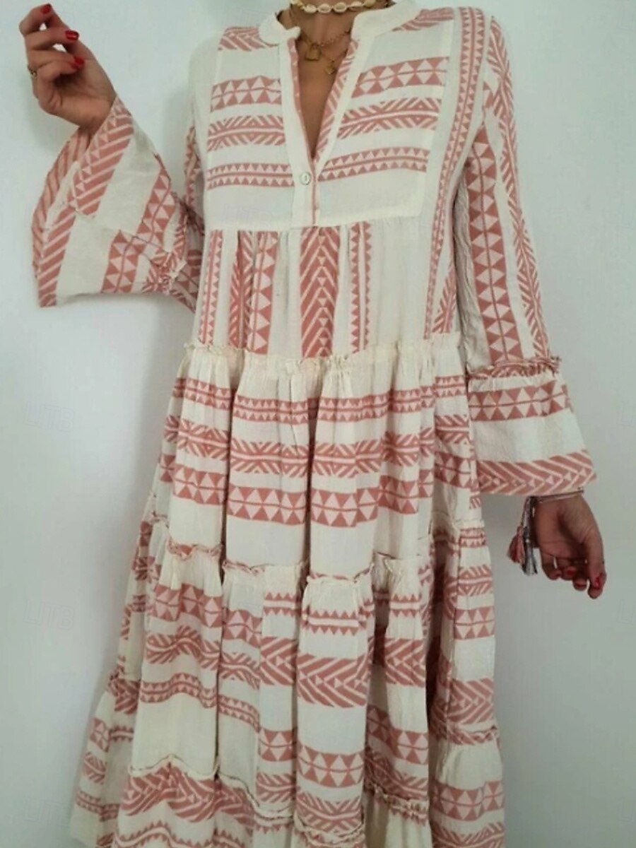 Women's Maxi Dress T Shirt Dress Tee Dress Sundress Ruffle Dress Fit And Flare Dress Vacation Vacation Daily Regular Fit Graphic Long Sleeve V Neck Red Gray Summer 2025 - $24.99 –P3
