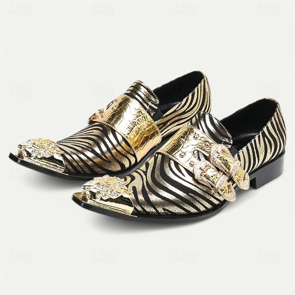 Ποιοτικά Δερμάτινα Loafers για Άνδρες με Χρυσή Μύτη Τολμηρό Σχέδιο Ζέβρας και Διπλή Αγκράφα–Μοδάτα Άνετα Παπούτσια για Επίσημες και Μοντέρνες Περίστασεις 2025 - $119.99 –P2