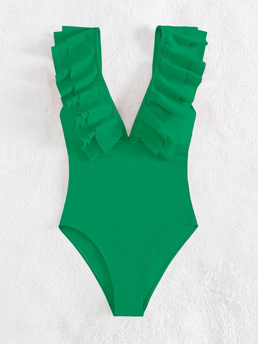 Dames Zwemkleding Een stukje Monokini Zwempak Ruche Blote rug Buikcontrole Hoge taille Slank Vakantie Strand Kleding Effen Kleur V-hals Mouwloos Badpakken 2025 - $26.99 –P11