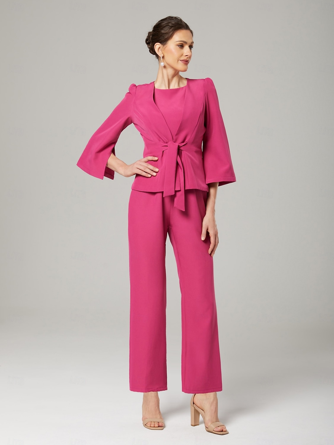 Zweiteilige Jumpsuits Mutter der Braut Elegant Wickel enthalten Juwelen-Hals Knöchellänge Stretch-Chiffon 3/4 Länge Ärmeln mit Bandage 2025 2025 - $161.99 –P4