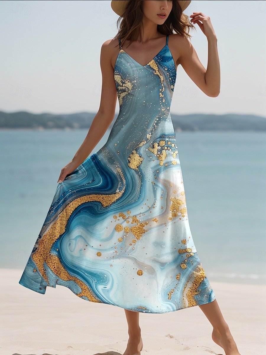 Damskie Sukienka maxi Codzienne sukienki Sukienka A line Sukienka na ramiączkach Elegancja Urlop Elegancki Codzienny Regularny Ombre Abstrakcja Marmurowy nadruk Bez rękawów W serek Czerwonobrązowy 2025 - $31.99 –P1