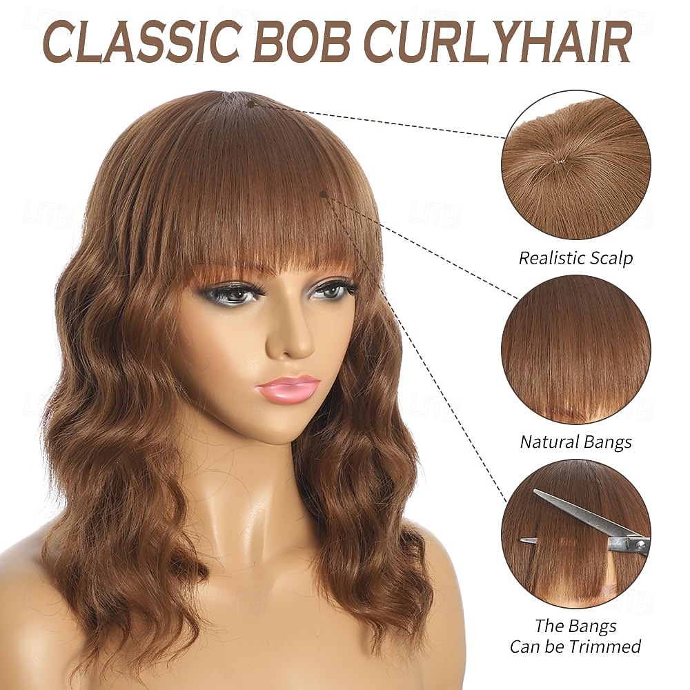 Wavy Curly Bob Wigs for Womn, Women'S Charming Chocolate Brown Wigs Shoulder Medium Length Wigs with Bangs for Daily Cosplay Party Use 2025 - $29.99 –P2