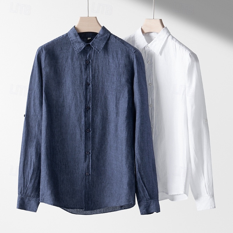 Herr Skjorta Linneskjorta Casual skjorta Knapp upp skjorta Slät Semester Hawaiisk Vit Marinblå Långärmad Kavajslag Vår Höst Kläder Button-Down 2025 - $80.99 –P1