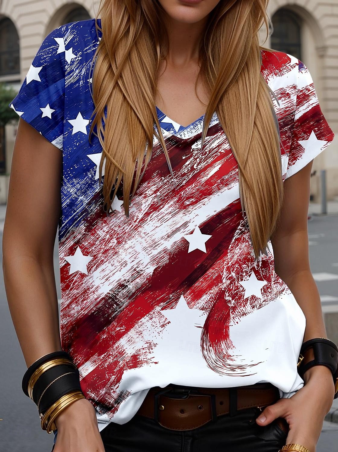 Patriottische T Shirt Vlag Amerikaanse Vlag Nationale Vlag Stijlvol Casual Rood Wit En Blauw Korte Mouw V-Hals Reguliere Tops Dagelijks Print Wijn Zomer Lente 2025 - $19.99 –P1