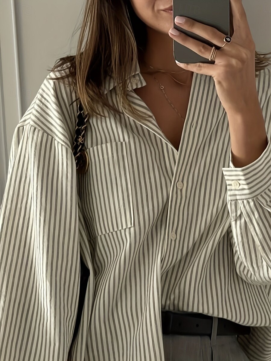 Dame Skjorte Bluse Stripet Stilfull Fritid Langermet Skjortekrage Vanlige topper Daglig Knapper Lomme Trykt mønster Grå Sommer Vår 2025 - $33.99 –P2